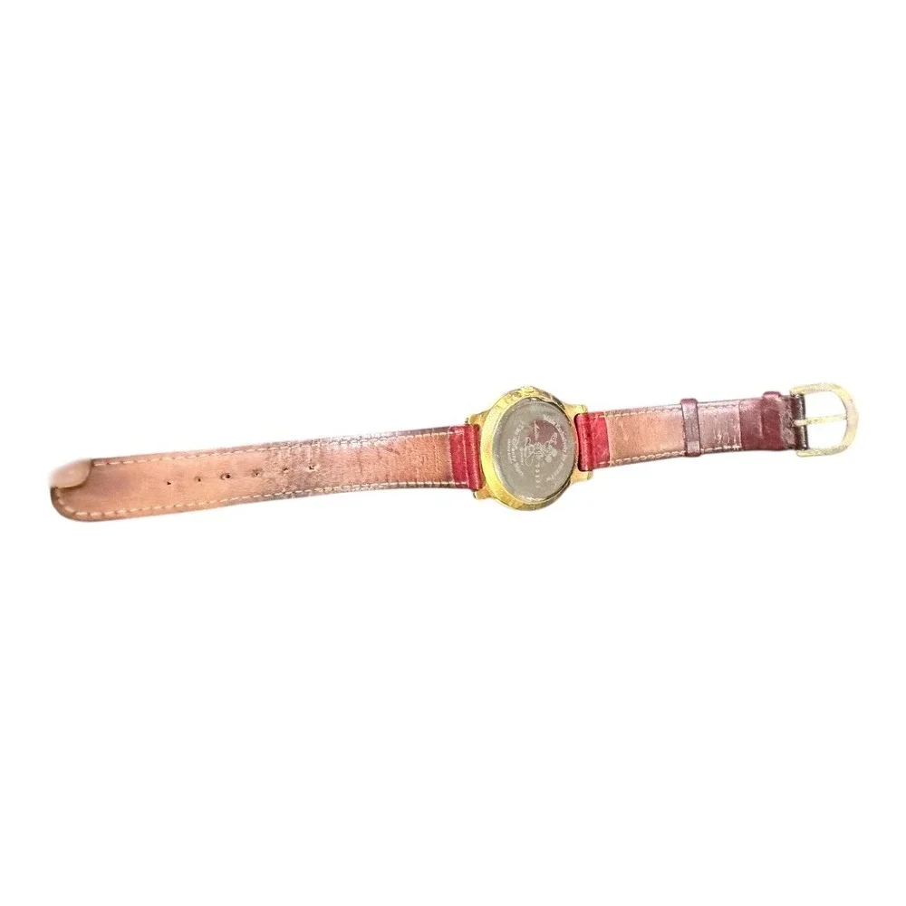 VTG Disney Store Pedre Aladdin Watch Gold Tone Maroon Leather Strap‎ Genie 90s